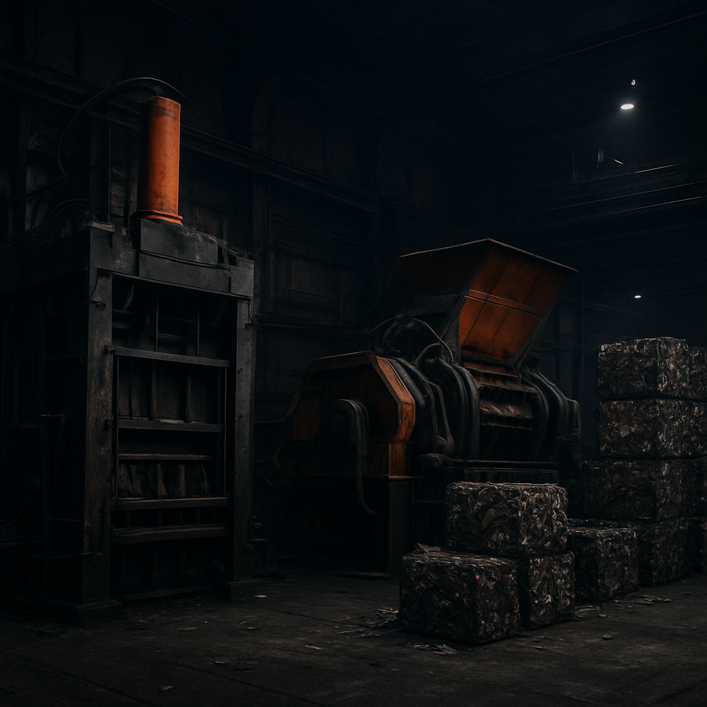 Heavy recycling machinery inside an industrial metal recycling plant